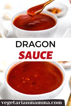 a spoon is dipping sauce in a white bowl on top of another bowl and the words dragon sauce above it