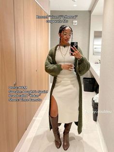 Boot And Long Skirt Outfits, Green Dress Brown Boots, Fall Fashion Going Out, How To Style Jumper Dress, Black Women Thanksgiving Outfit, Chill Dress Outfit, Elegant Outfits For Black Women, Conservatory Outfit, Outfit With Green Boots