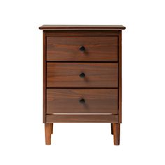 a wooden nightstand with two drawers on one side and an open drawer on the other