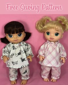 two dolls standing next to each other on a pink background with the words free sewing pattern