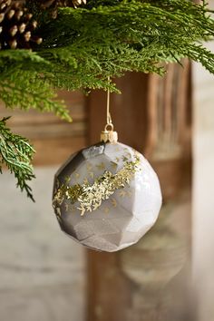 an ornament hanging from a christmas tree with pine cones and gold flakes