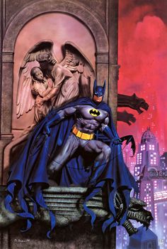 a painting of batman and angel in the city