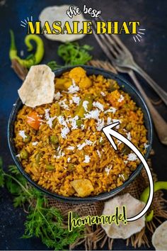 the best masale bhat recipe is shown in a bowl