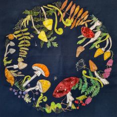 an embroidered piece of artwork with different types of mushrooms and plants in the shape of a circle