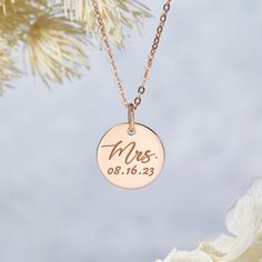 "Gift this Mrs. Necklace to the bride, make her day more special. The necklace can be personalized with any date, initials, and message. ITEM * DESCRIPTION * Pendant measures 1/2\" (13mm) in diameter * Material: High Quality Solid 925 Sterling Silver * Finishing: Silver, Gold or Rose Gold. * All of our jewelry are handmade from scratch and packaged with care in our workshop * By default, silver items comes with BLACK engraving and gold/rose gold-plated item comes with CLEAR engraving. HOW ∙ TO ∙ Dual-tone Gold Bridal Necklace As Gift, Mrs Jewelry, Jeweled Metal Bridal Necklace For Gift, Wedding Necklaces With Engraving Option For Valentine's Day, Gifts For Bride To Be, Gift For Bride To Be, Mrs Necklace, Date Necklace, Silver Items