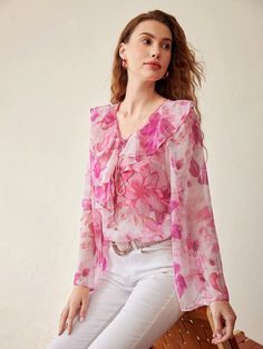 FLORAL PRINT BELL SLEEVE TIE FRONT RUFFLE TRIM BLOUSE Pink Boho  Long Sleeve Woven Fabric Floral,Plants,All Over Print  Non-Stretch  Women Clothing, size features are:Bust: ,Length: ,Sleeve Length: Rose Bonbon, Pink Boho, Pink Blouse, Two Piece Outfit, Printed Blouse, Ruffle Trim, Bell Sleeve, Colorful Leggings, Denim Women