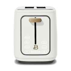 a white toaster sitting on top of a white counter next to a black handle