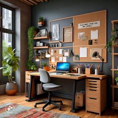 a desk with a laptop on it in front of a wall full of pictures and plants