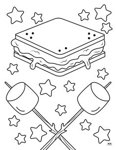 a coloring page with some food on it and stars around the edges, including marshmallows