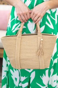 Color: Beige Other Details: Woven Tote Bag With Handles Bag With Tassel, Woven Tote Bag, Tassels, Handles, Tote Bag, Handbags, Color