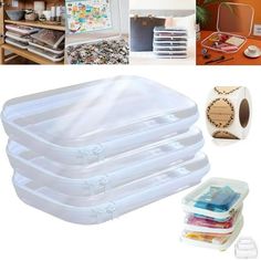 there are many different storage containers on the table and in front of it is an assortment of items