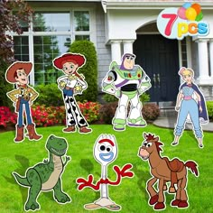 the toy story characters are standing in front of a house with their name on it