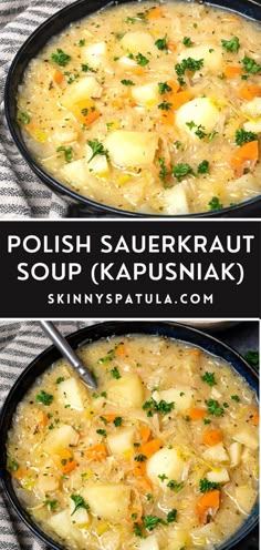 two pictures of soup with potatoes, carrots and parsley in a black bowl