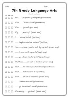 the 7th grade language arts worksheet is shown in black and white with text