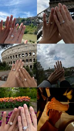 many different pictures of people holding their hands together with rings in front of the collage of them