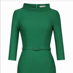 Size: L Color: Green Fabric Content: 65% Rayon/30% Cotton/ 5% Spandex Origen : Imported Neck Style: Height Neck Sleeves Type: 3/4 Sleeves Back Hidden Zipper Missing Belt Stretch The Stand Collar Makes You More Elegant Approximate Flat Laying Measure Armpit To Armpit: 18" Waist: 14.5" Hip: 19" Waist To Hem: 27.5" (27) Green Fitted Dress With 3/4 Sleeves, Classic Fitted Half Sleeve Dresses, Classic Fitted Half-sleeve Dresses, Classic Green Office Dress, Green Fabric, Type 3, Hidden Zipper, Stand Collar, Types Of Sleeves