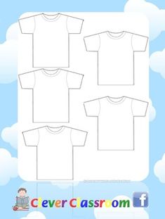 four blank t - shirts on a blue background with clouds and a boy sitting in the middle