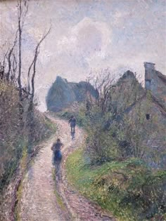 a painting of two people walking down a dirt road next to houses and trees on the other side