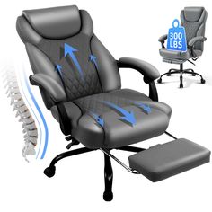 an office chair with the seat up and foot rest down, in front of it