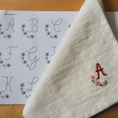 a piece of cloth with embroidered letters and flowers on it