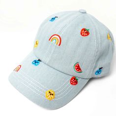 Summer Perfect Light Vintage Blue Washed Denim Fabrication Super Cute Rainbow And Fruits Icons Embroidery Adjustable Back One Size Cute Baseball Hats, Denim Headband, Slouch Beanie Hats, White Baseball Cap, Monogram Hats, Fendi Vintage, Cute Pineapple, Denim Baseball Cap, Cute Icon