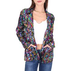 Elevate your wardrobe with the Anna-Kaci Women's Glitter Long Sleeve Open Front Sparkle Party Blazer Jacket, perfect for adding glamour to formal events or a touch of professionalism to everyday outfits. Versatile and stylish, these sparkly sequin blazers can be dressed up or down to suit any occasion effortlessly. Womens Tailored Suit, Spring Blazer, Sparkle Party, Work Blazer, Plus Size Blazer, Stylish Blazer, Hooded Rain Jacket, Fashion Business Casual, Sequin Jacket