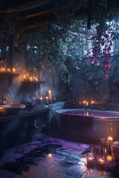 a bathroom with candles lit up in the bathtub