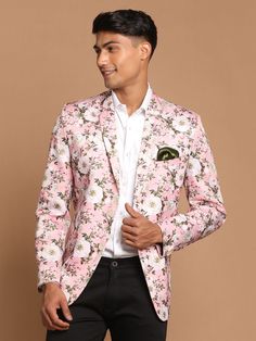 Vastramay Men's Pink Floral Printed Blazer Pink Floral Suit Men, Mens Floral Blazer, Jacket Store, Stylish Blazer, Casual Dressy, Satin Blazer, Utsav Fashion, Elegant Man