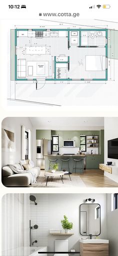 three different views of a living room and kitchen area in one image, the other is an open floor plan