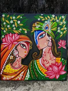 a painting of two women with flowers in their hair