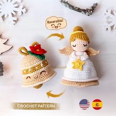 two crocheted christmas angels sitting next to each other