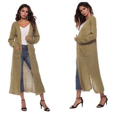 Mid Calf Length Slits On The Side For Comfort When Walking Pockets On The Front Lightweight Knit Sweater Cardigan 100% Acrylic Stylish Knitwear, Casual Knitwear, Pullover Mode, Styles Summer, Gilet Long, Long Coat Women, Winter Cardigan, Stylish Sweaters, Long Sweaters Cardigan