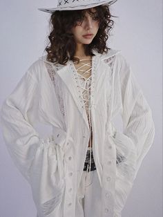 White Lace Splicing Shirt with Belt Outfit Oversize, Outwear Fashion, Ribbon Shirt, Shirt Blouses Women's, White Shirts Women, Lace Splicing, Lace Shirt, White Shirts, Alternative Fashion