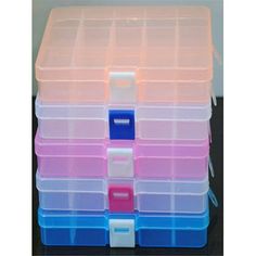 several plastic storage containers stacked on top of each other