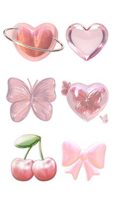 some heart shaped objects are shown on a white background, including cherries and butterflies