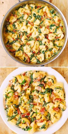 two pictures of pasta with spinach and tomato sauce in a pan on a wooden table