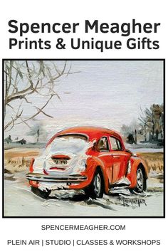 an old red car is shown in this advertisement for spencer meacher prints and unique gifts