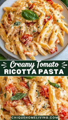 creamy tomato ricotta pasta on a plate with basil