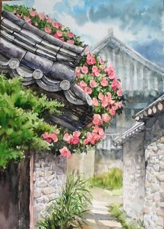 a painting of an alley with flowers growing on the roof and stone walls surrounding it