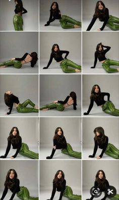 the woman is laying down on her stomach and posing for pictures in green pants, black top