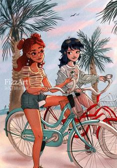 two girls riding on the back of a blue bicycle in front of palm trees and a beach