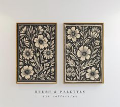 two black and white paintings with flowers on them