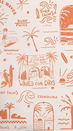 an orange and white wallpaper with different types of surfboards, palm trees, buildings, and the words waves for days written on it