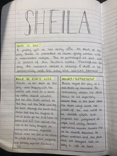 an open notebook with the words sheila written in green and yellow on top of it