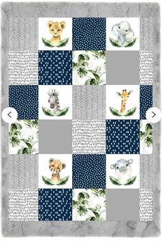 a baby blanket with animals on it and blue, white and grey squares in the background