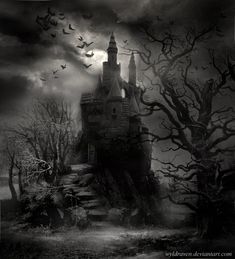 a black and white photo of a castle with bats flying in the sky above it