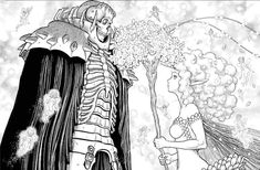 a black and white drawing of a skeleton standing next to a woman