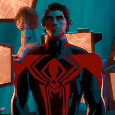 the animated spider - man is holding a doll in his arms and standing next to him