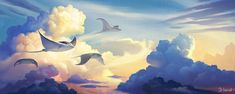 three birds flying in the sky above clouds