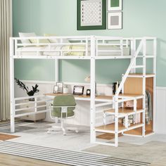 a white loft bed with stairs and desk in the corner, next to a green wall